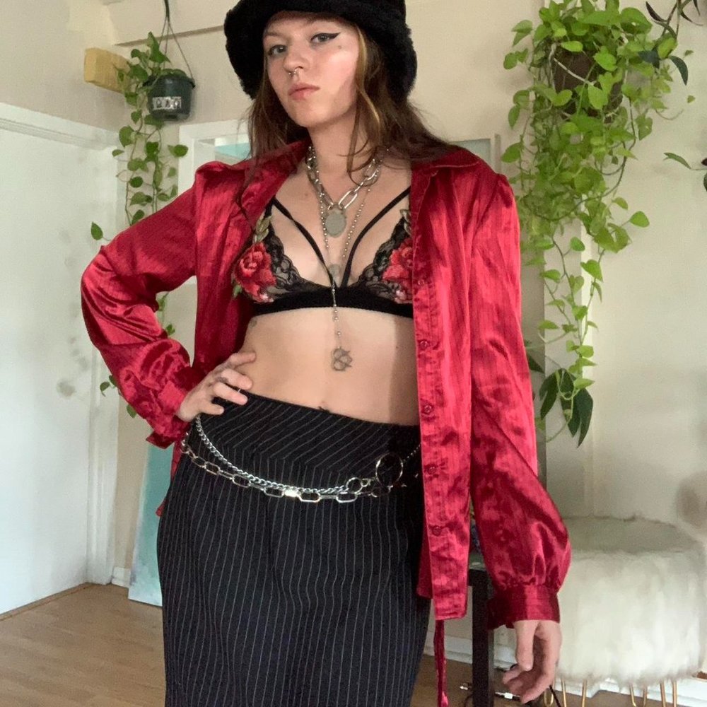 Red Satin Pinstriped Blouse